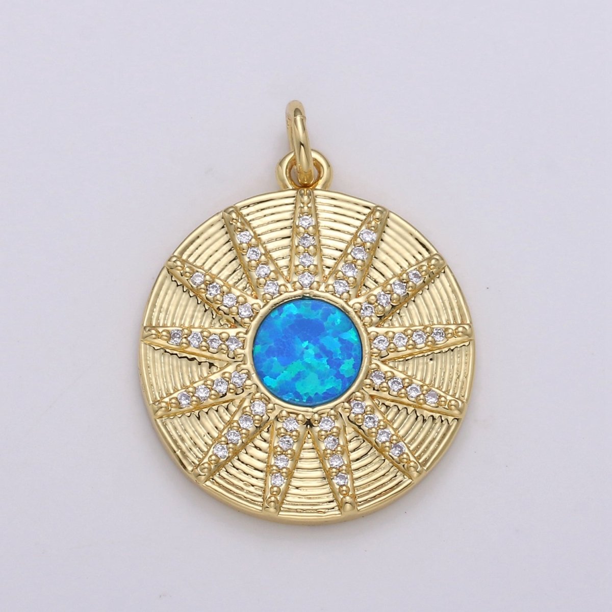 Dainty 14k Gold Filled Vergina Sun Charm Blue Opal Round SunBurst Medallion Pendant, 25x20mm, Micro Pave Gold Sun Celestial Jewelry D-472 - DLUXCA