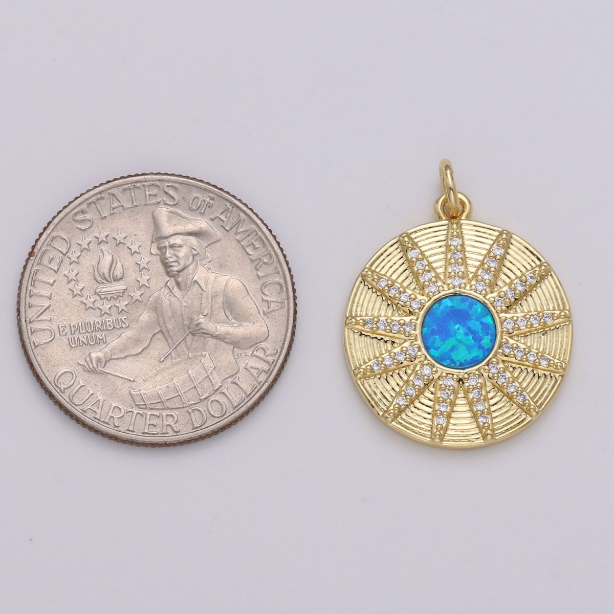 Dainty 14k Gold Filled Vergina Sun Charm Blue Opal Round SunBurst Medallion Pendant, 25x20mm, Micro Pave Gold Sun Celestial Jewelry D-472 - DLUXCA