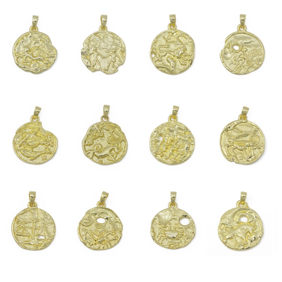 Dainty 14K Gold Filled Zodiac Horoscope Sign Constellation Medallion Pendant Charm Rustic Rough Hammered Coin for Necklace Jewelry Making | A-560-A-571 - DLUXCA