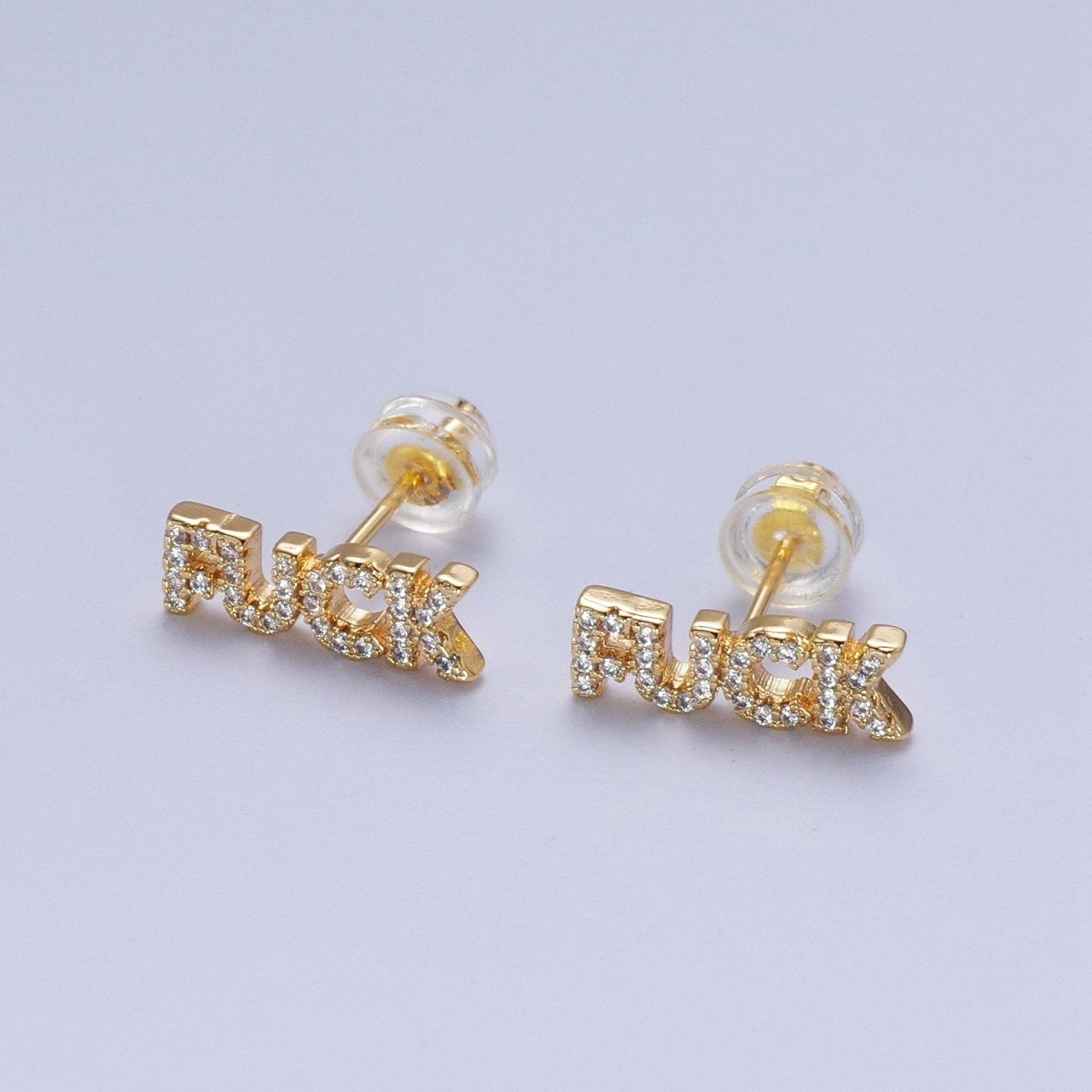 Dainty 16K Gold Filled "FUCK" Script Micro Paved CZ Stud Earrings | Y-273 - DLUXCA
