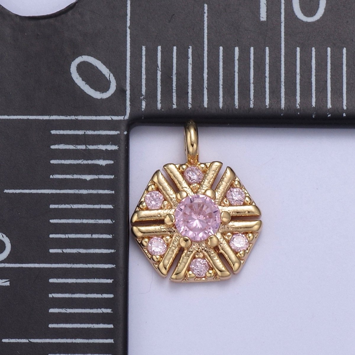 Dainty 16k Gold Filled Hexagon Medallion Pendant Gold Pink CZ Charm Necklace Gold Geometric Necklace Celestial Jewelry Charm N-425 - DLUXCA