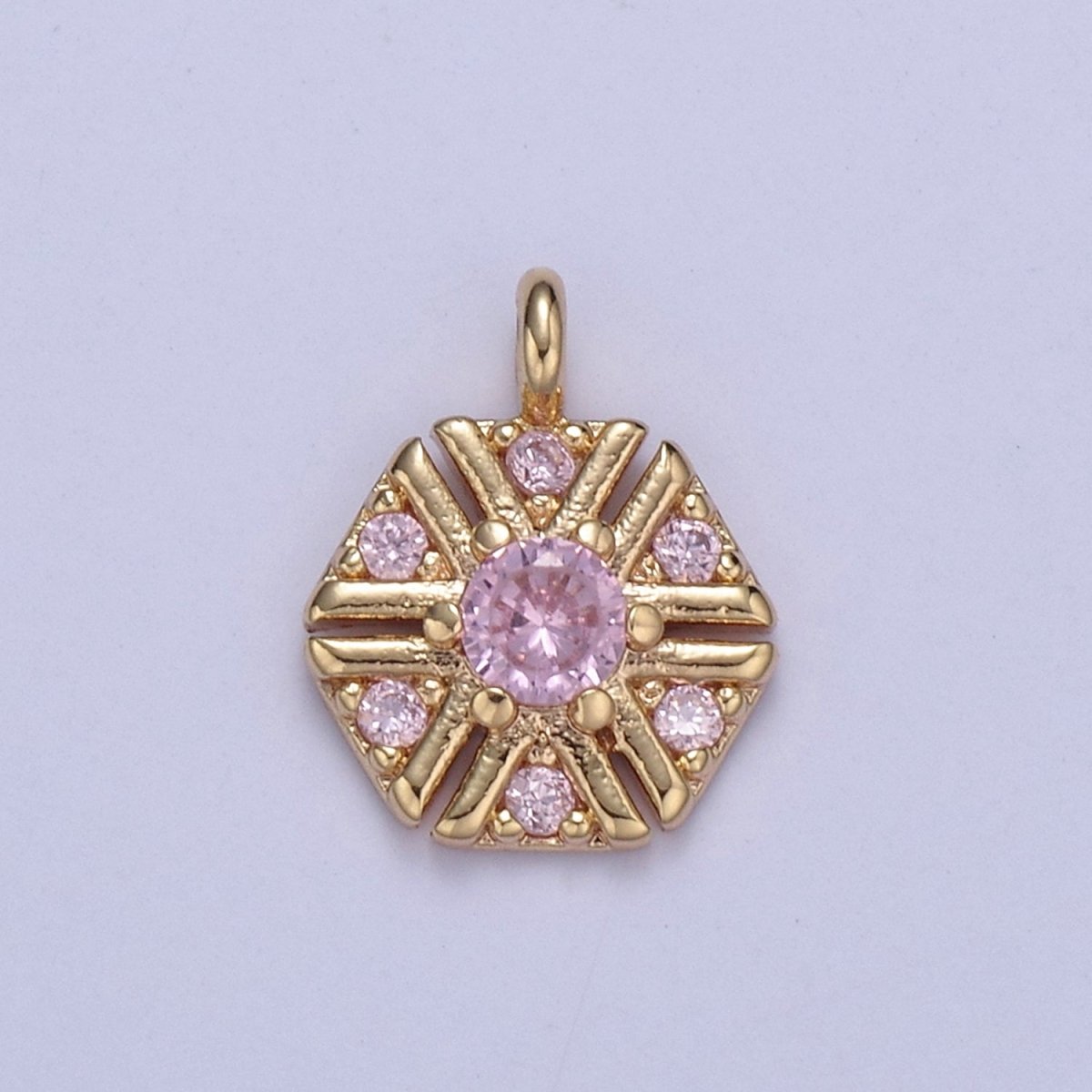 Dainty 16k Gold Filled Hexagon Medallion Pendant Gold Pink CZ Charm Necklace Gold Geometric Necklace Celestial Jewelry Charm N-425 - DLUXCA