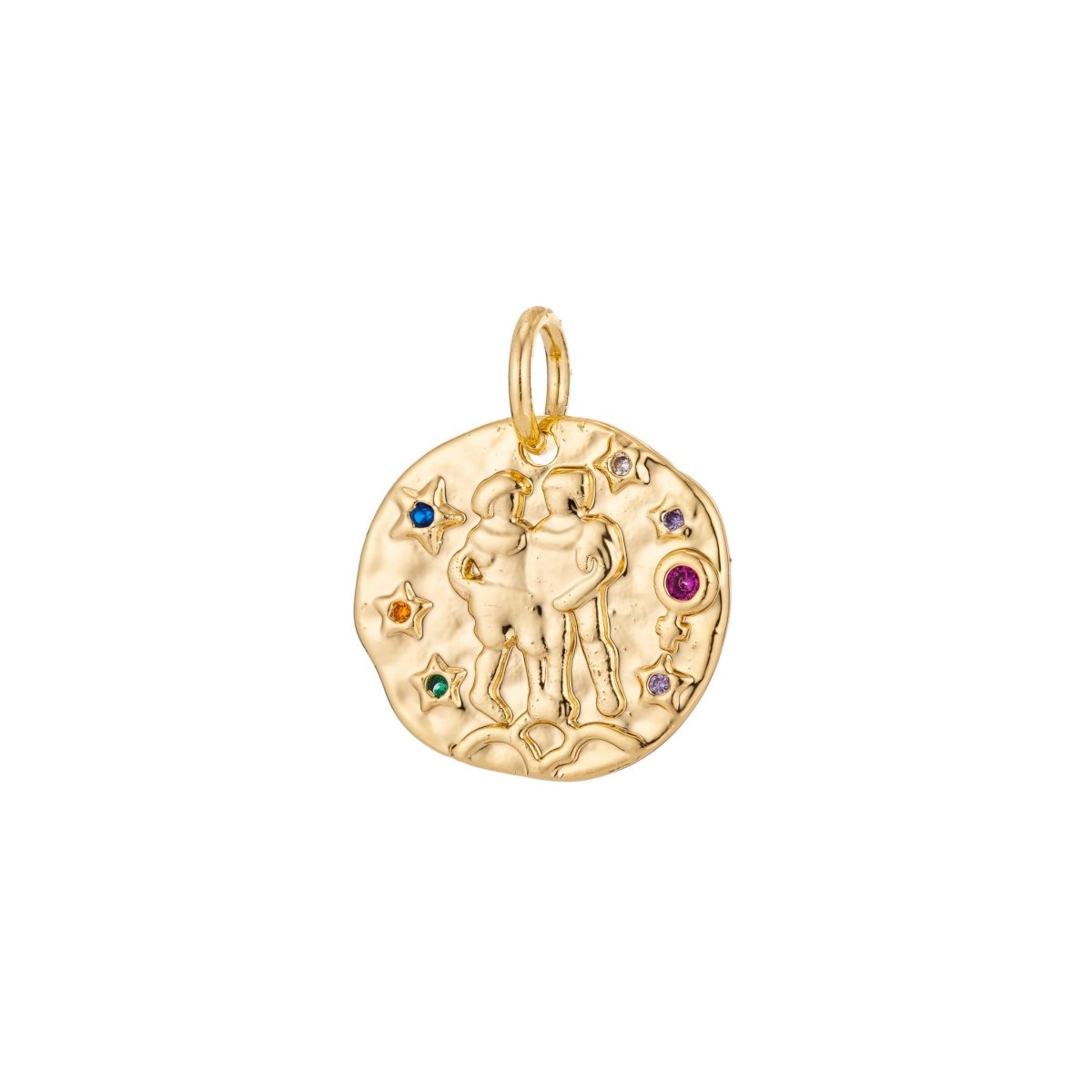 Dainty 18k Gold Filled Charm Coin Medallion Gem Stone Zodiac Sign Charm for Bracelet Necklace Pendant Rustic Hammered Jewelry Making Supply A-469-A-480 A-482-A-493 - DLUXCA