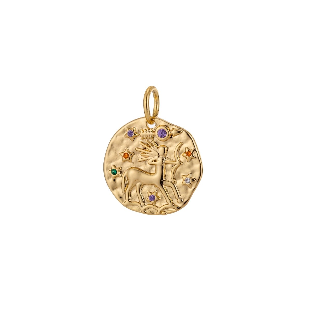 Dainty 18k Gold Filled Charm Coin Medallion Gem Stone Zodiac Sign Charm for Bracelet Necklace Pendant Rustic Hammered Jewelry Making Supply A-469-A-480 A-482-A-493 - DLUXCA