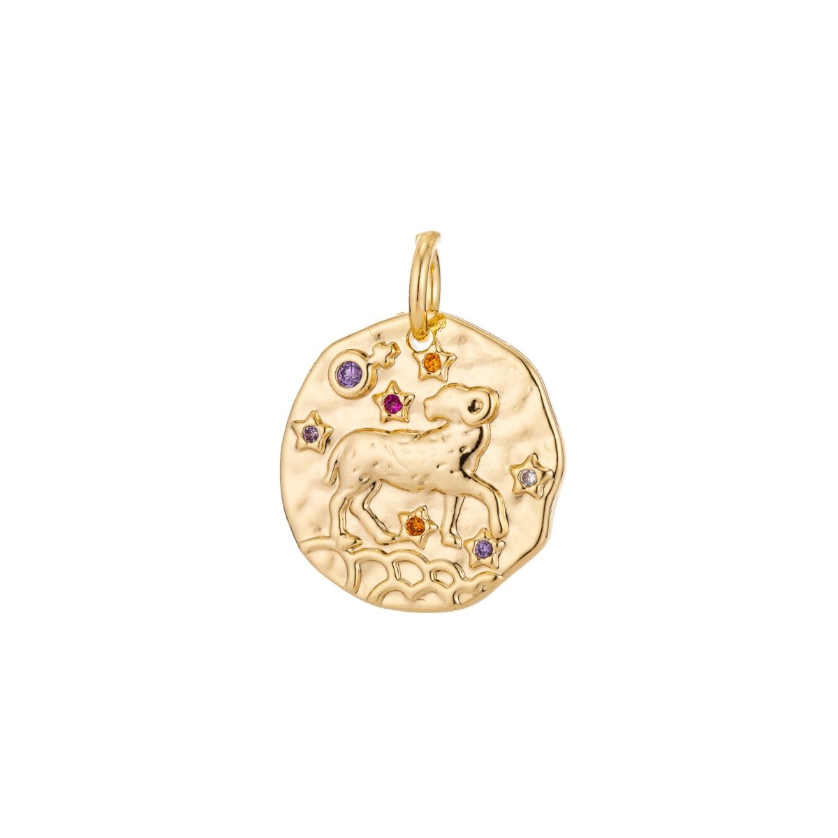 Dainty 18k Gold Filled Charm Coin Medallion Gem Stone Zodiac Sign Charm for Bracelet Necklace Pendant Rustic Hammered Jewelry Making Supply A-469-A-480 A-482-A-493 - DLUXCA