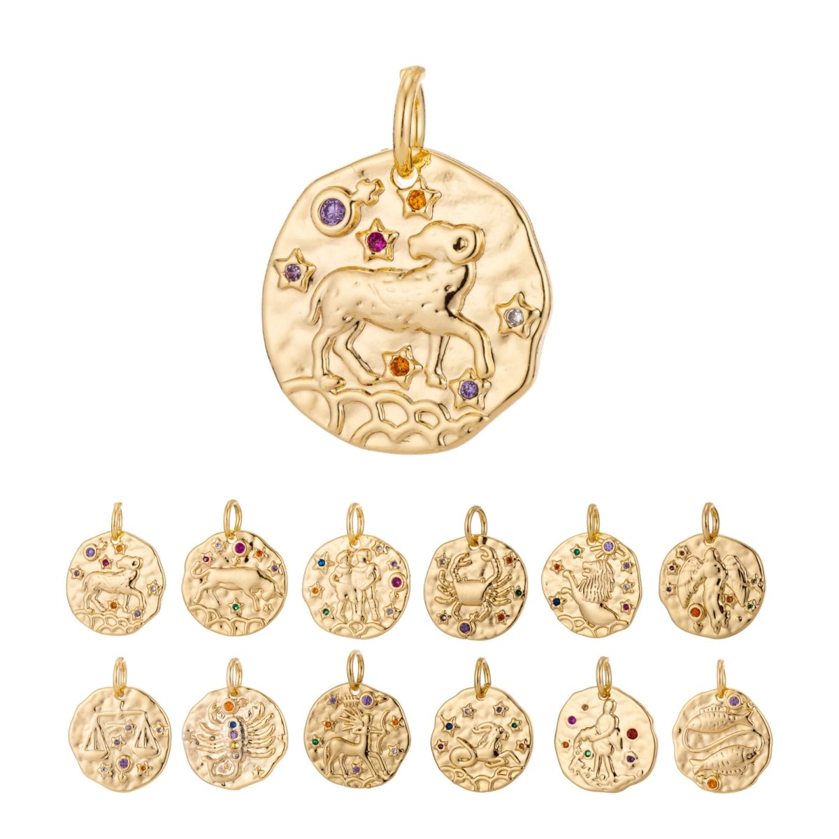 Dainty 18k Gold Filled Charm Coin Medallion Gem Stone Zodiac Sign Charm for Bracelet Necklace Pendant Rustic Hammered Jewelry Making Supply A-469-A-480 A-482-A-493 - DLUXCA