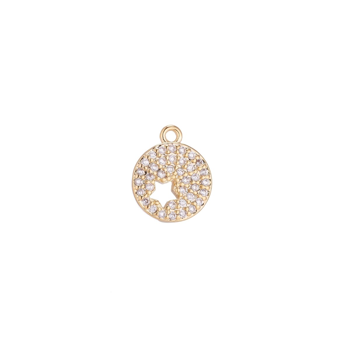 Dainty 18k Gold Filled CZ Clear Micro Pave Coin Charm, Star Round Disc Pave Charm, Pave Dangle Charm for Necklace Pendant Hoop Earring C-148 - DLUXCA