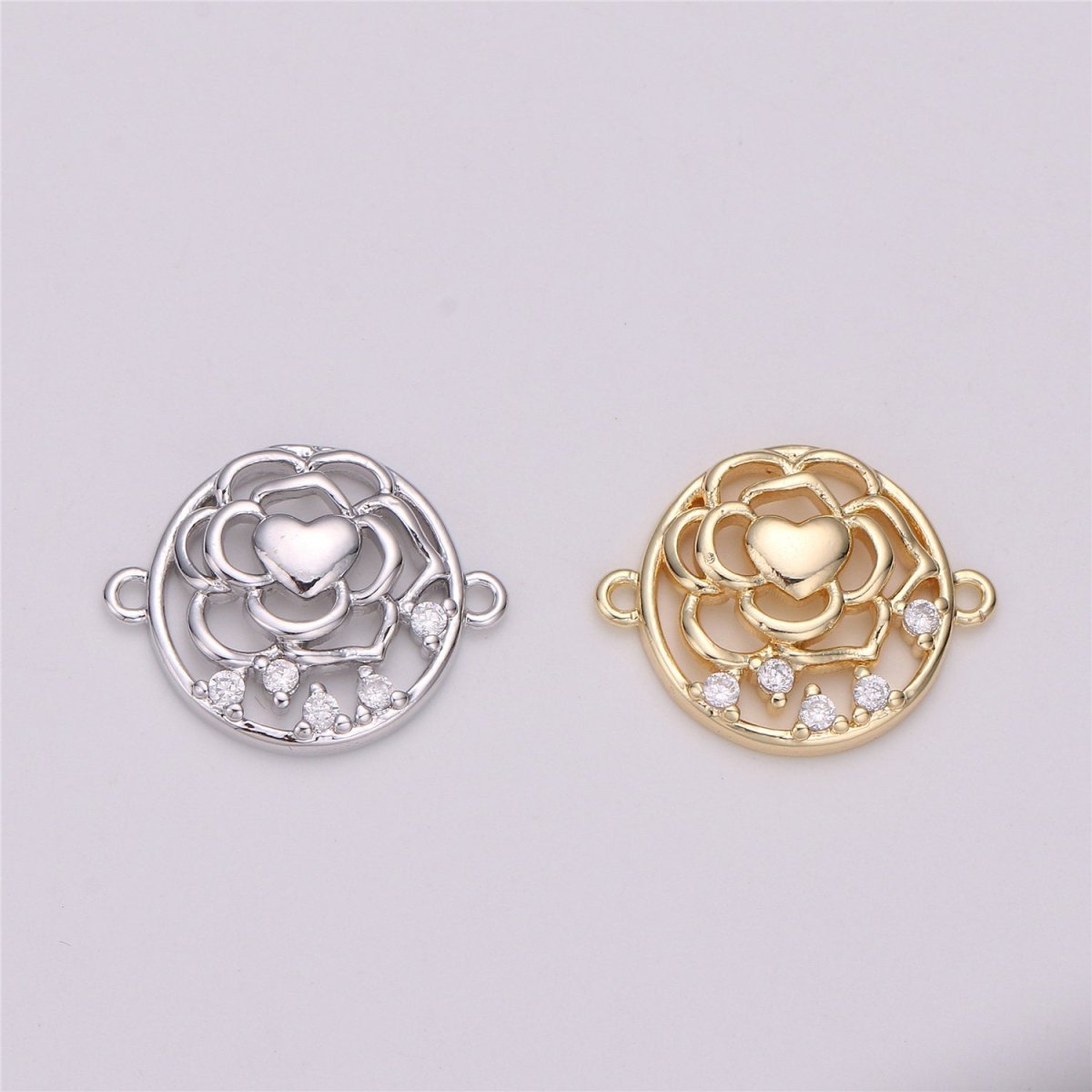 Dainty 18k Gold filled Filigree Gold Flower with Heart Charms, Cutout, Flower Filigree Heart, Filigree Heart Connector, C-530 - DLUXCA