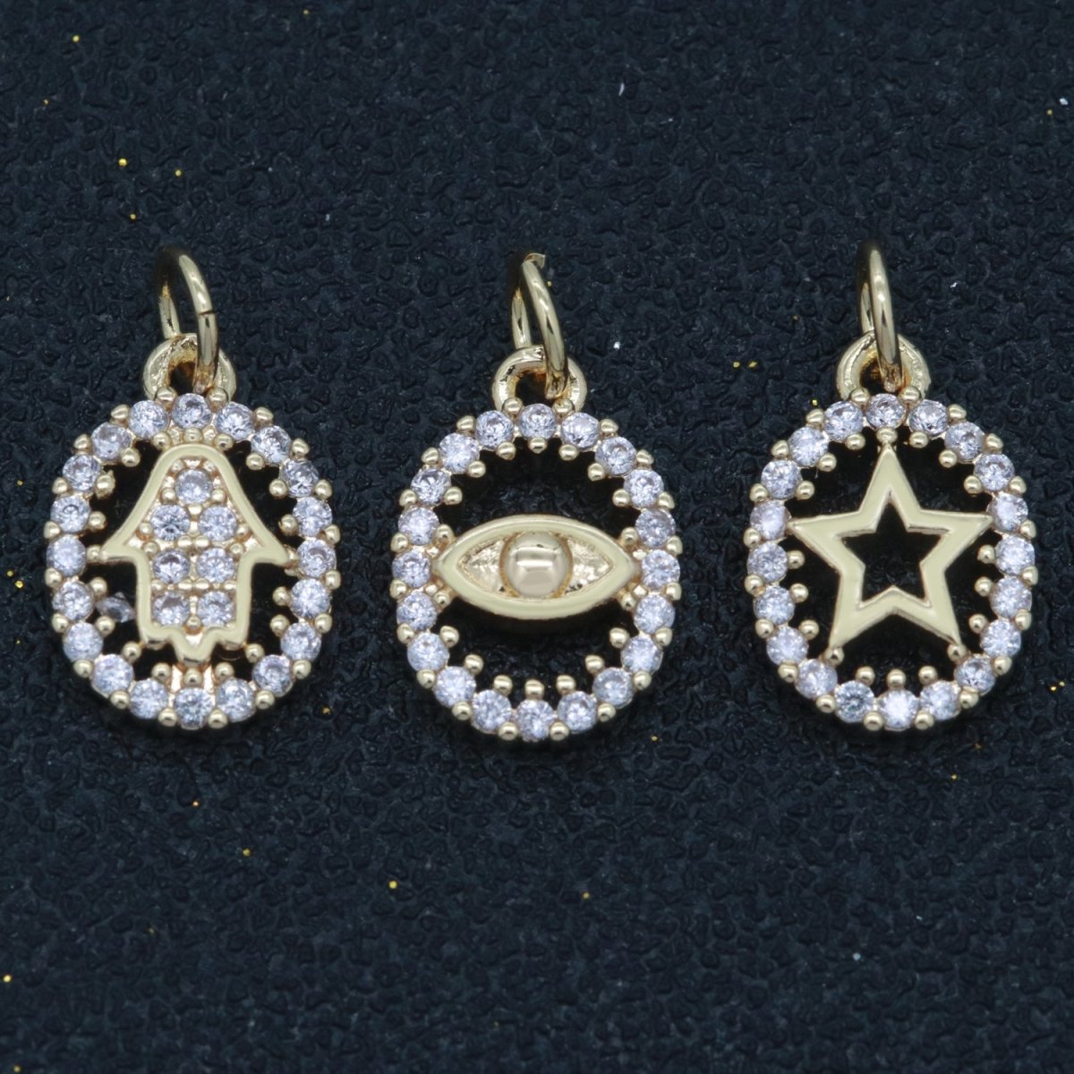 Dainty 18k Gold Filled Hamsa Hand / Evil Eye / Star Charm Micro Pave Mini Medallion Pendant for bracelet necklace earring Minimalist Jewelry M-750 - M-752 - DLUXCA
