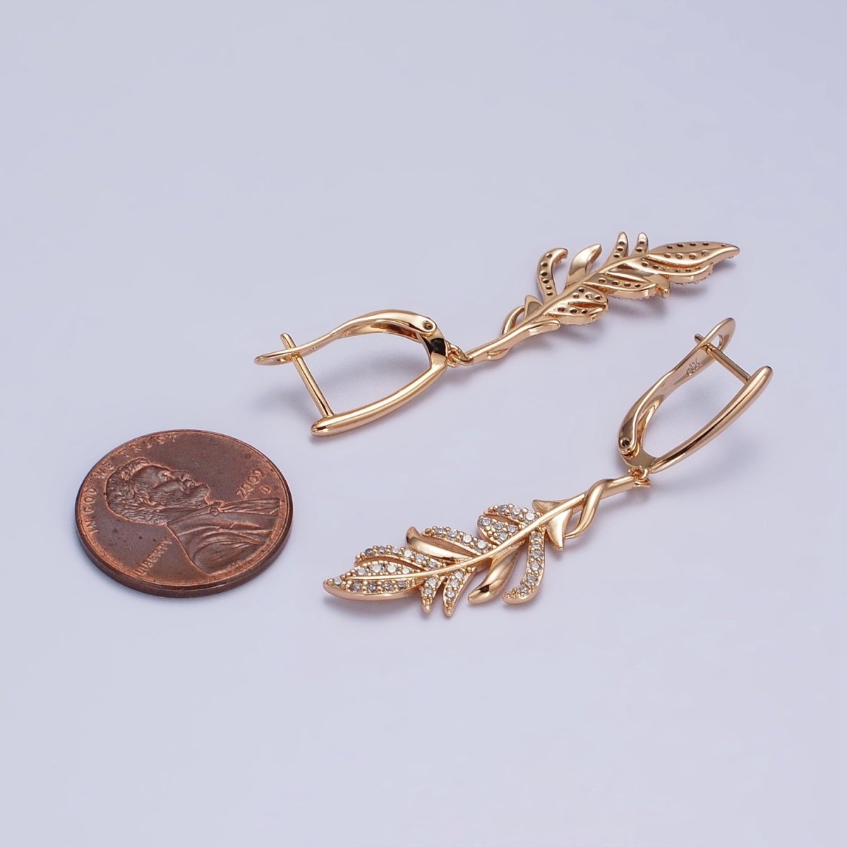 Dainty 18K Gold Filled Olive Leaf Tree Dangle Charm Huggie Earring with Lever Back AB1080 - DLUXCA
