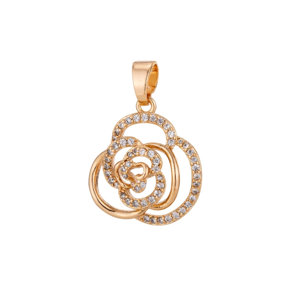 Dainty 18K Gold Filled or Rose Gold Rose Flower Charm Pendant w/ Bails Floral Cubic Zirconia Necklace for Jewelry Making H-801 - DLUXCA
