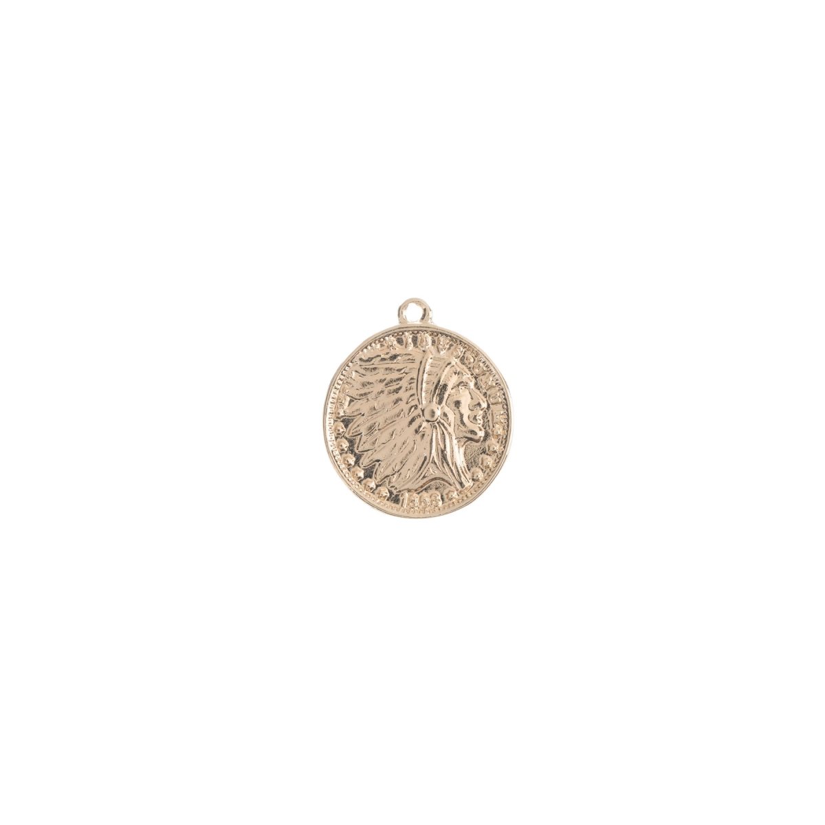 Dainty 18k Gold Filled Rustic Indian Chief Head with Full Headdress Antiqued Coin Charm Pendant Jewelry Supply C-240 - DLUXCA