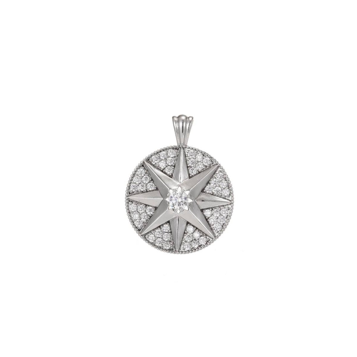 Dainty 18KGold Filled Star Burst Disc Pendant North Star Gold Micro Pave Star Charm Cubic Star Pendant Gold Star Silver Star Medallion, C-640 - DLUXCA