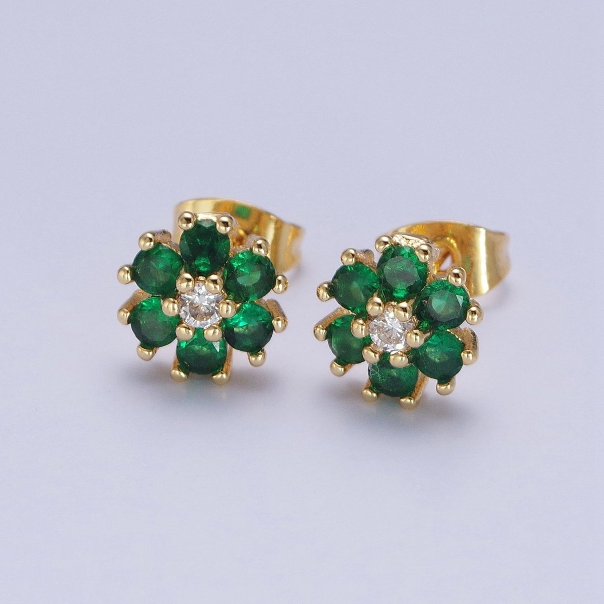 Dainty 24K Gold Filled Emerald Green & Clear Cubic Zirconia Flower Stud Earrings | X-859 - DLUXCA