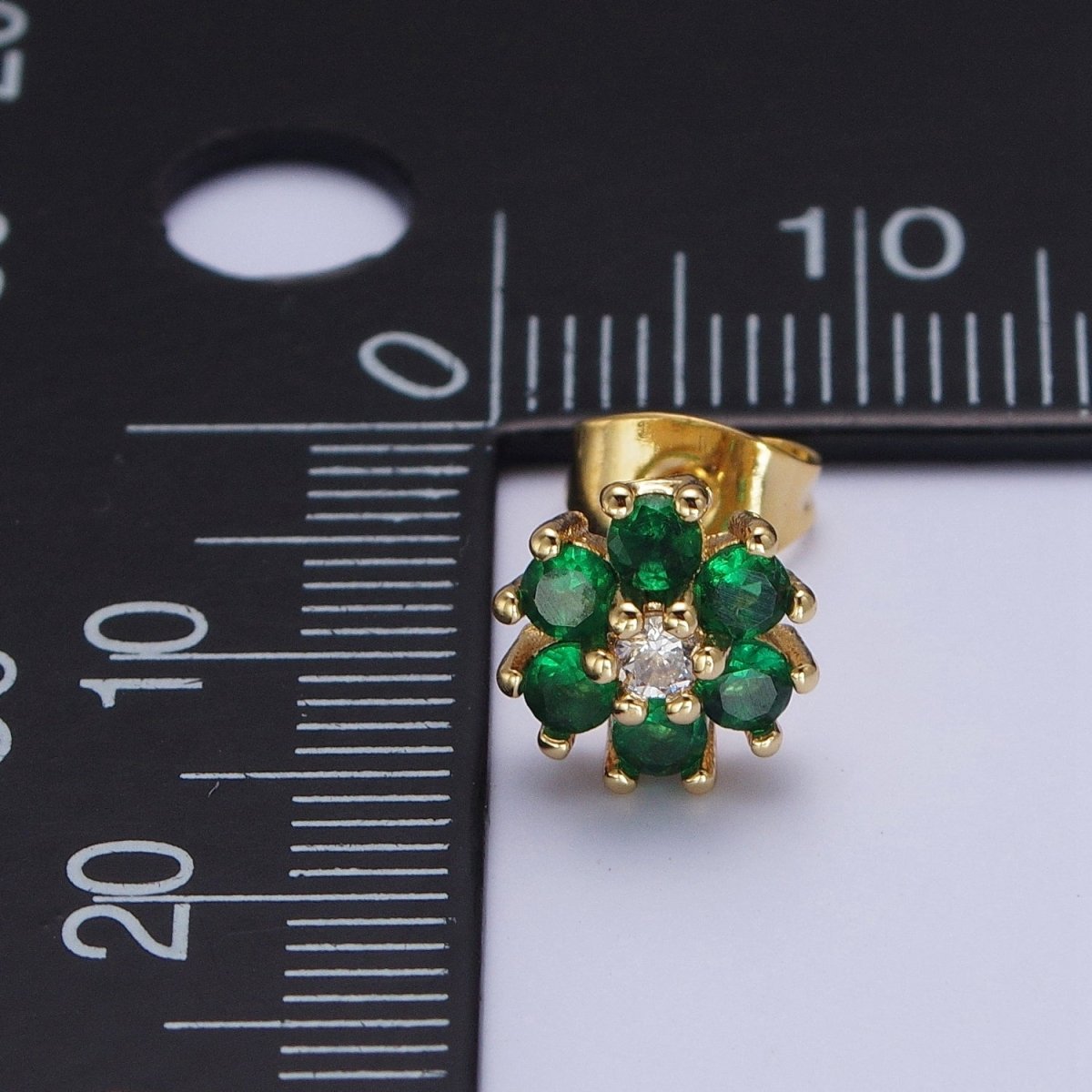 Dainty 24K Gold Filled Emerald Green & Clear Cubic Zirconia Flower Stud Earrings | X-859 - DLUXCA