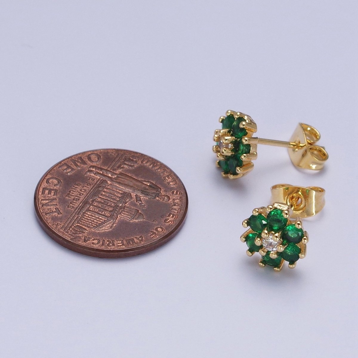 Dainty 24K Gold Filled Emerald Green & Clear Cubic Zirconia Flower Stud Earrings | X-859 - DLUXCA