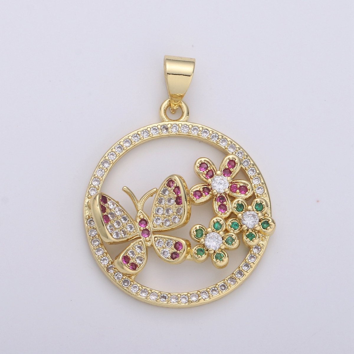 Dainty 24k Gold Filled Micro Pave Butterfly Charm, Cubic Zirconia Round Circle Pendant Charm, Gold Filled Charm, For DIY Jewelry I-874 - DLUXCA