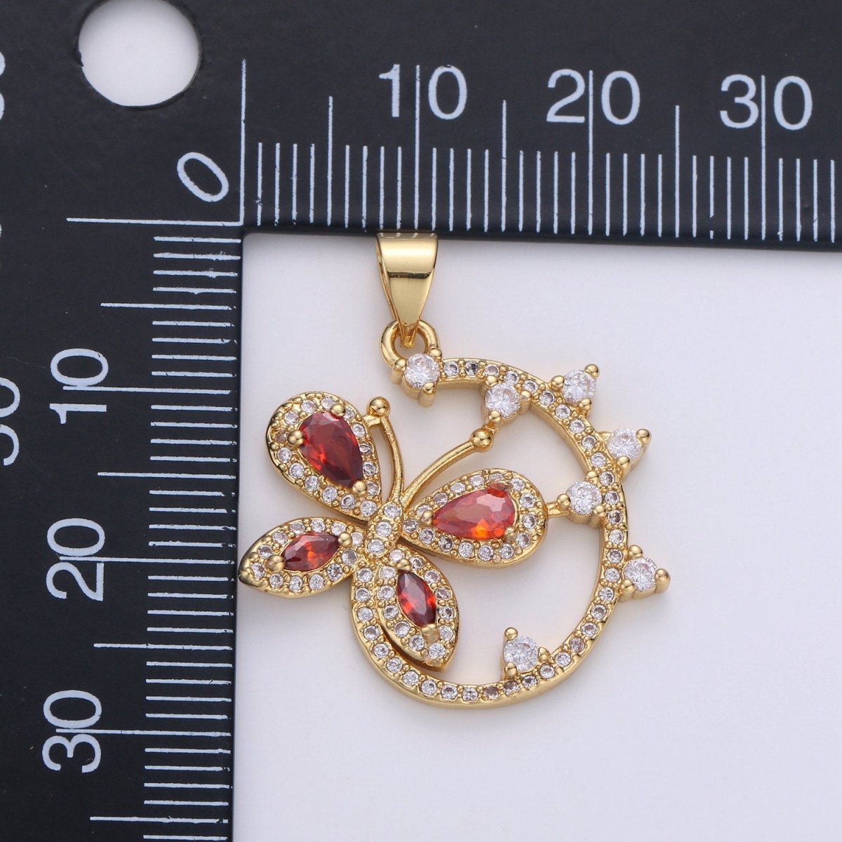 Dainty 24k Gold Filled Micro Pave Butterfly Charm, Ruby Cubic Zirconia Round Circle Pendant Charm, Gold Filled Charm, For DIY Jewelry I-852 - DLUXCA