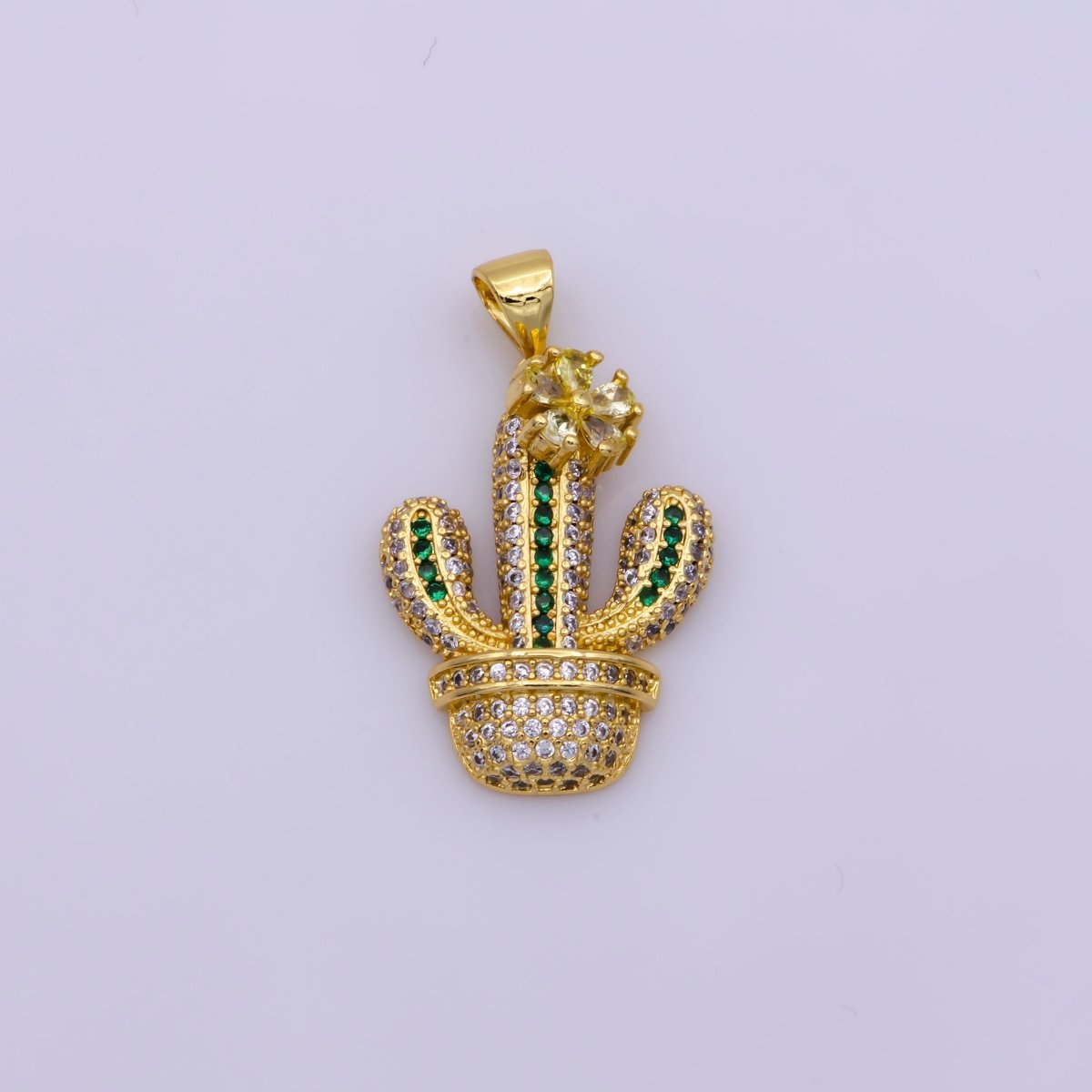 Dainty 24K Gold Filled Micro Paved CZ Green Cactus Succulents Potted Plant Pendant | N-1346 - DLUXCA