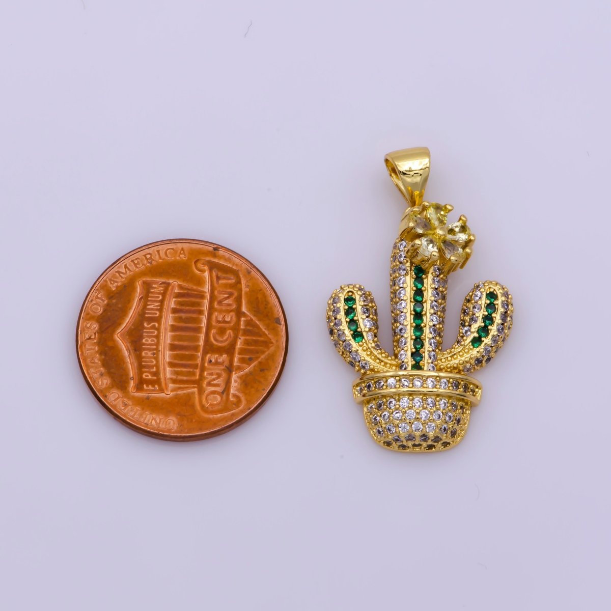 Dainty 24K Gold Filled Micro Paved CZ Green Cactus Succulents Potted Plant Pendant | N-1346 - DLUXCA