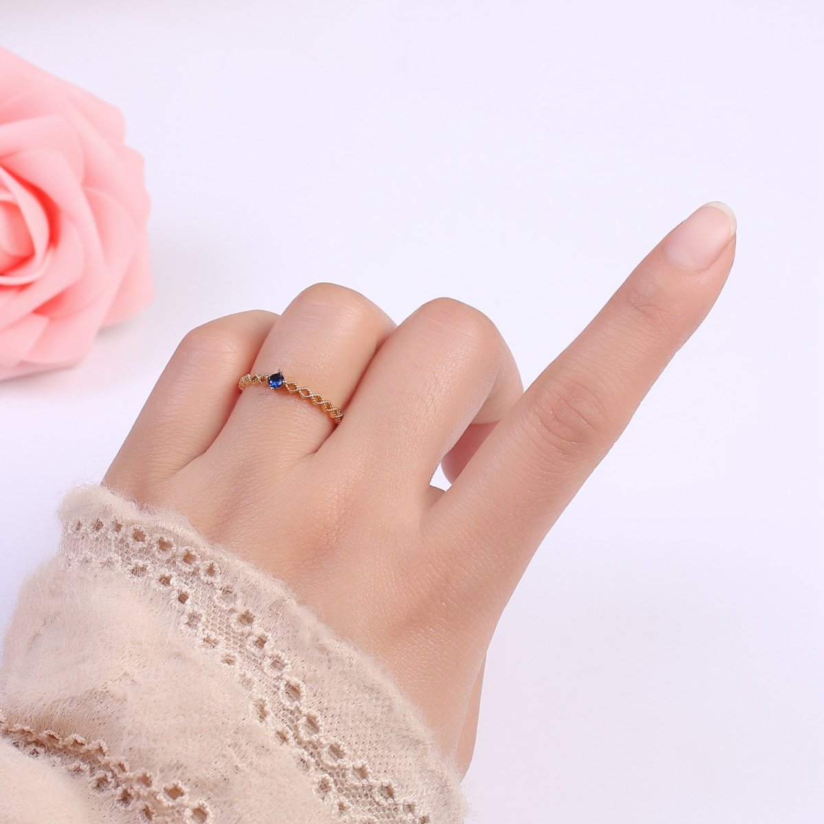 Dainty 24K Gold Filled Rhombus Diamond Beaded Ring with Pink, Blue, Green Crystal Cubic Zirconia CZ Ring S-357 S-358 S-359 - DLUXCA