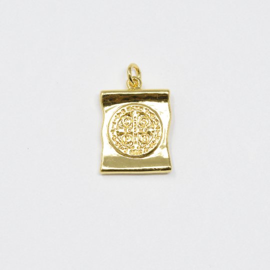 Dainty 24k Gold Filled Scroll Charm Saint Benedict Charm Medallion for Bracelet Necklace Pendant Religious Jewelry Making Supply E-119 - DLUXCA