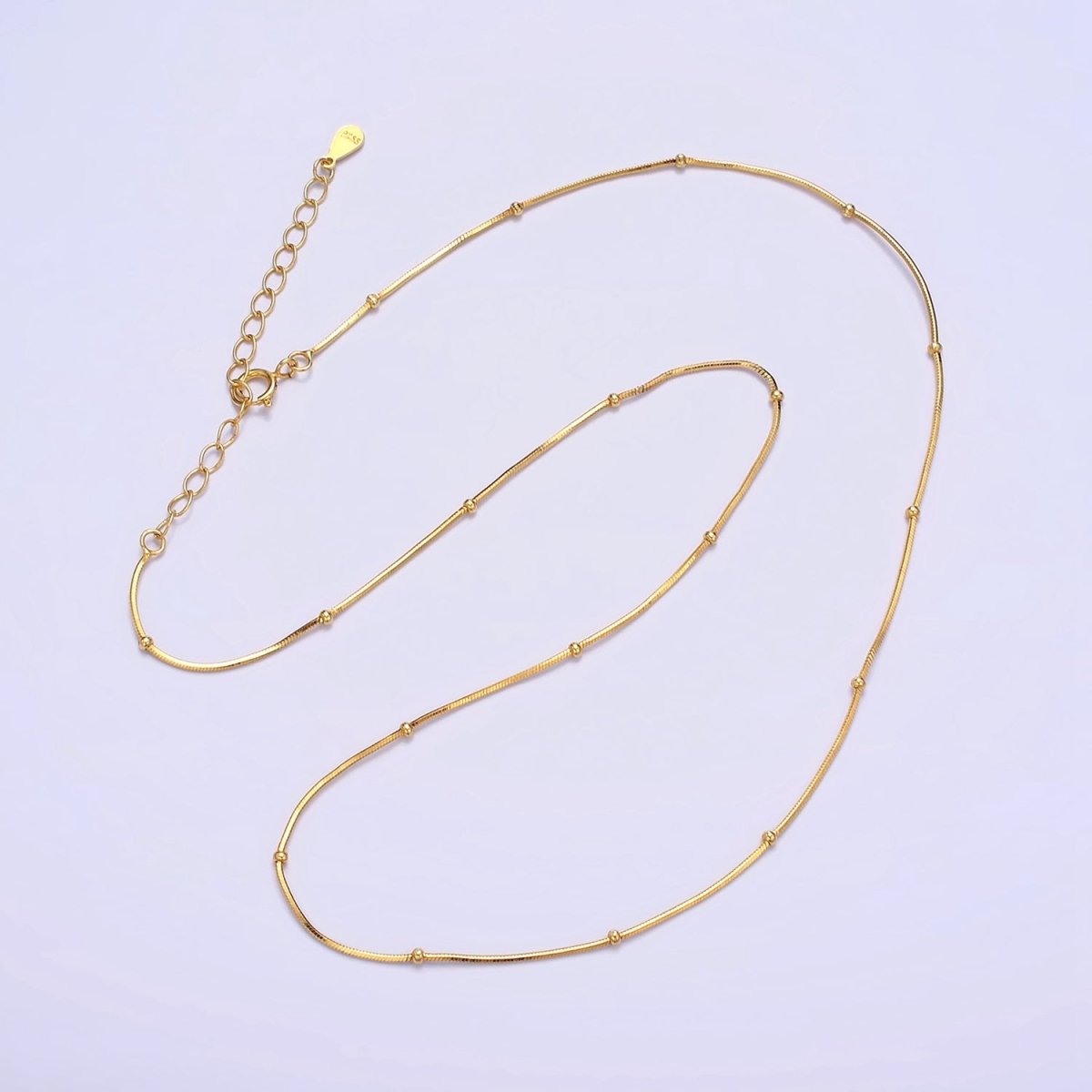 Dainty 24K Gold Vermeil Satellite Chain Necklace 925 Sterling Silver Snake Necklace Chain w/ Heavy 24K Gold Plated 15.35 inch + 2 inch extender | WA-1983 Clearance Pricing - DLUXCA