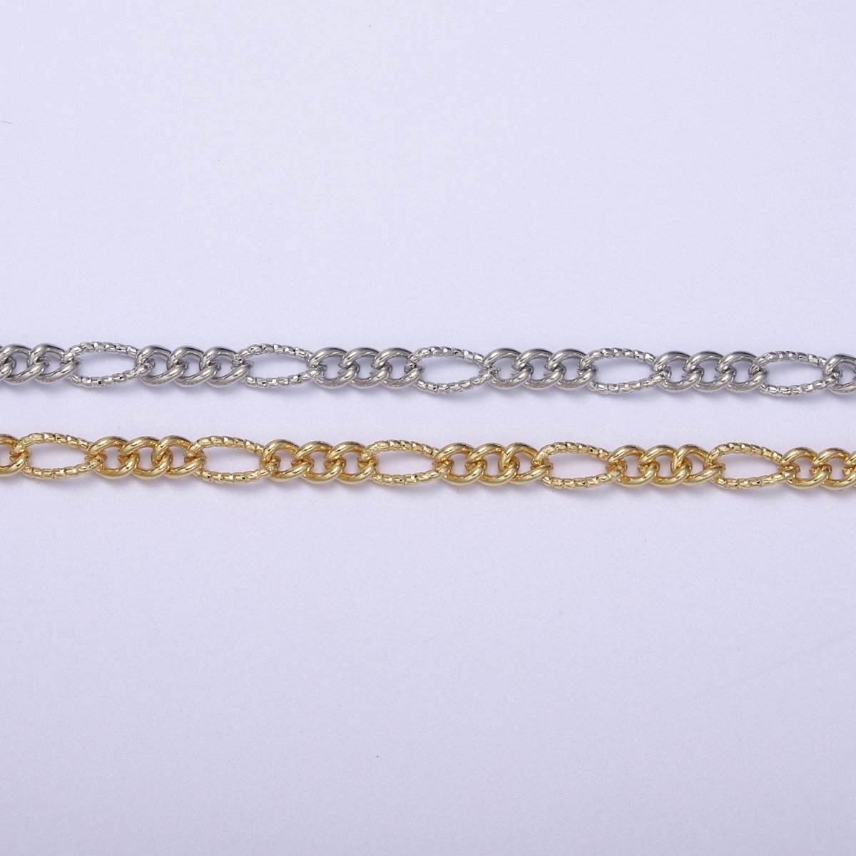 Dainty 4mm Unique Figaro Chain in Silver & Gold color, 24K Gold Filled Textured Figaro Chain Sold by Yard For Jewelry Making Supply Component | ROLL-629, ROLL-630 Clearance Pricing - DLUXCA