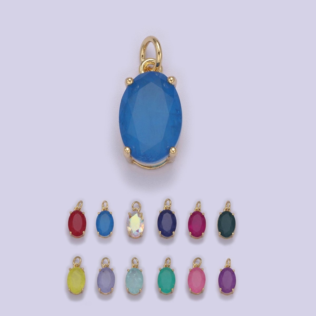 Dainty AB, Yellow, Blue, Teal, Green, Pink, Red CZ 24k Gold Filled Solitaire Micro Pave Pendant Oval Charm Stone Pendant for Birthstone Add on Charm C-798 C-802 C-842 C-843 C-845 C-847~C-852 C-854 - DLUXCA