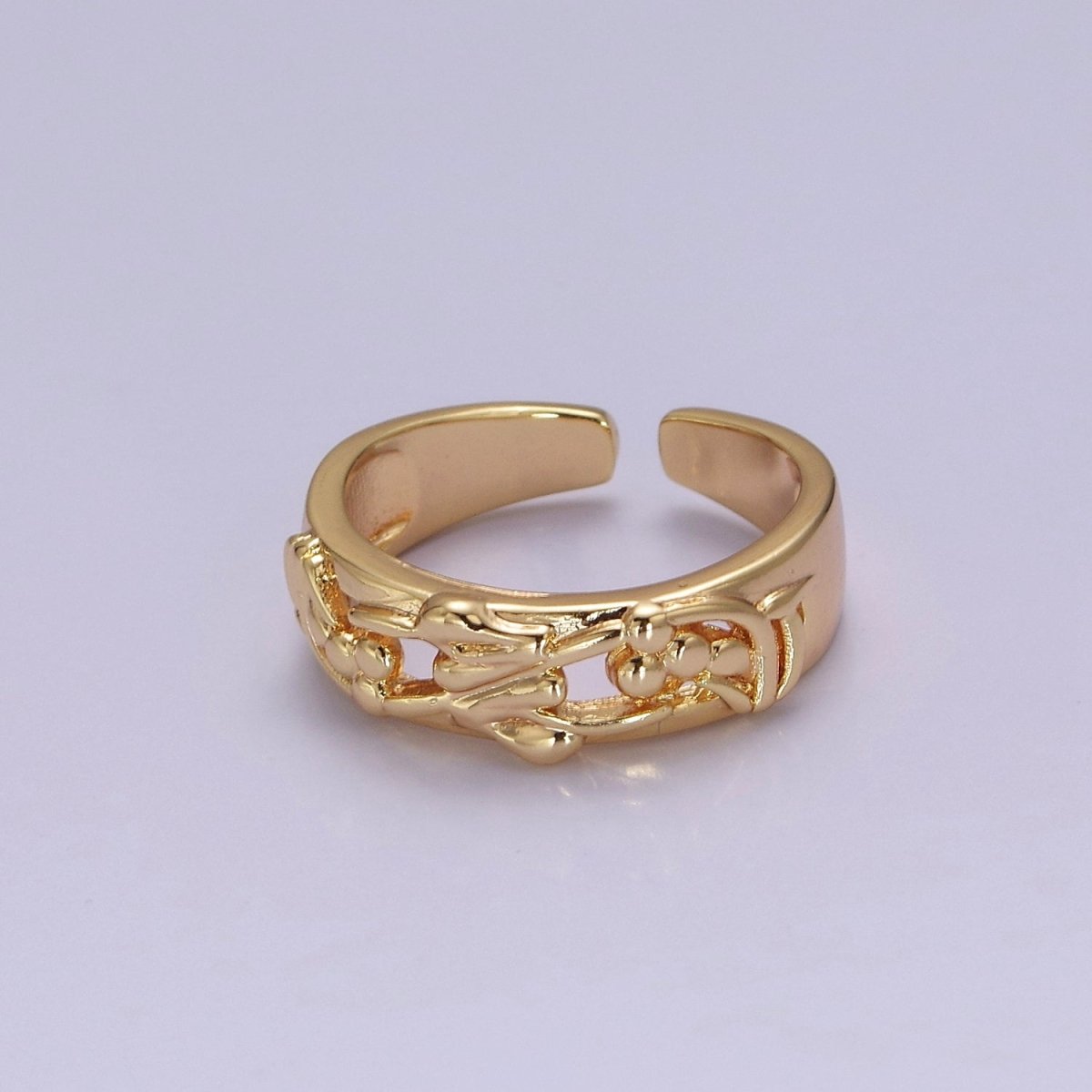 Dainty Art Deco Ring Flower Carved Design 18k Gold Filled Open Adjustable Ring O-2076 - DLUXCA