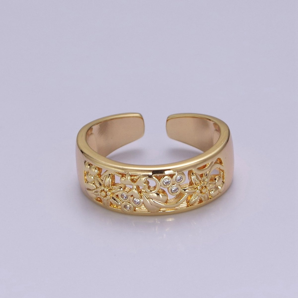 Dainty Art Deco Ring Flower Carved Design 18k Gold Filled Open Adjustable Ring O-2078 - DLUXCA