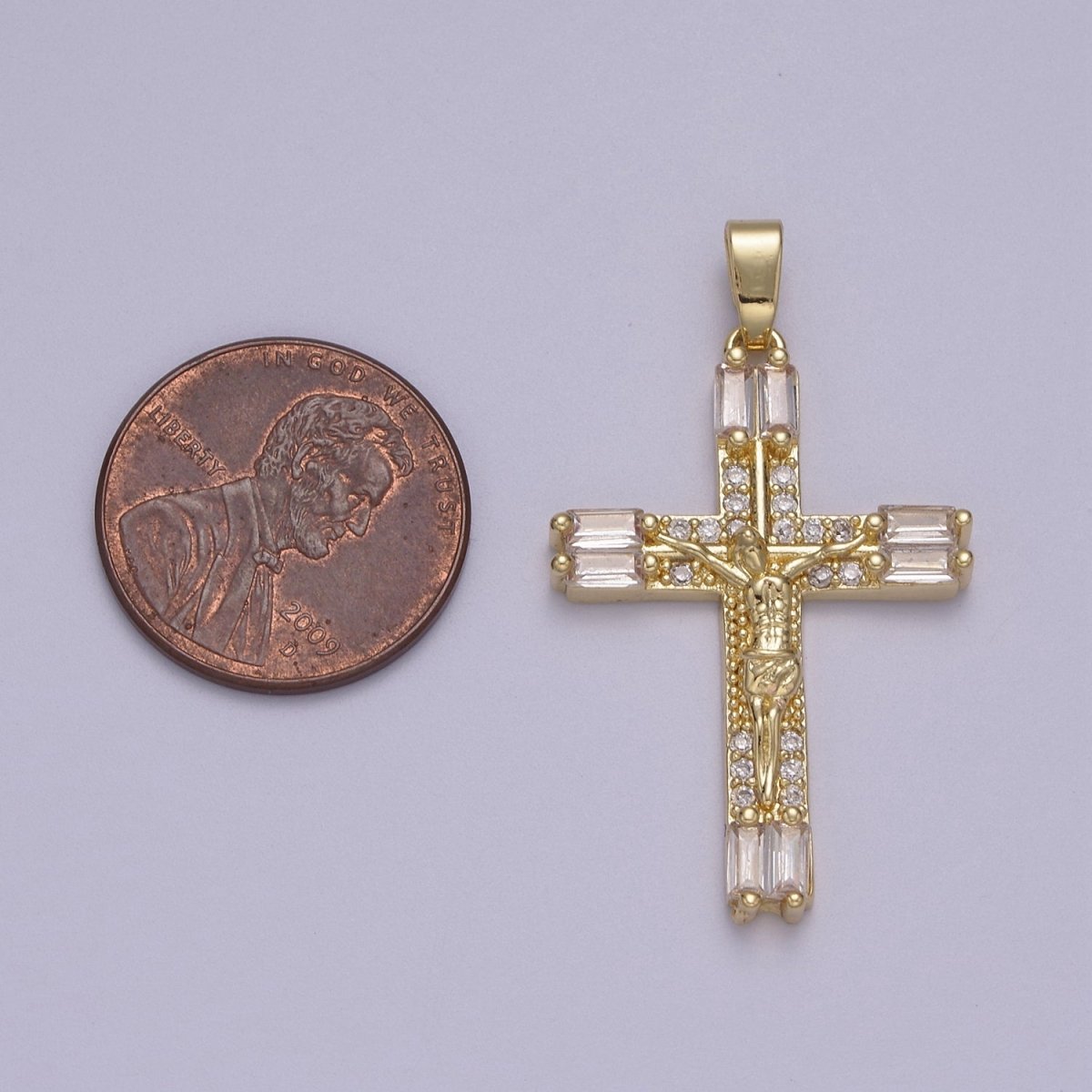 Dainty Baguette Cz Crystal Cross Charm Crucifix Jesus Pendant N-595 - DLUXCA