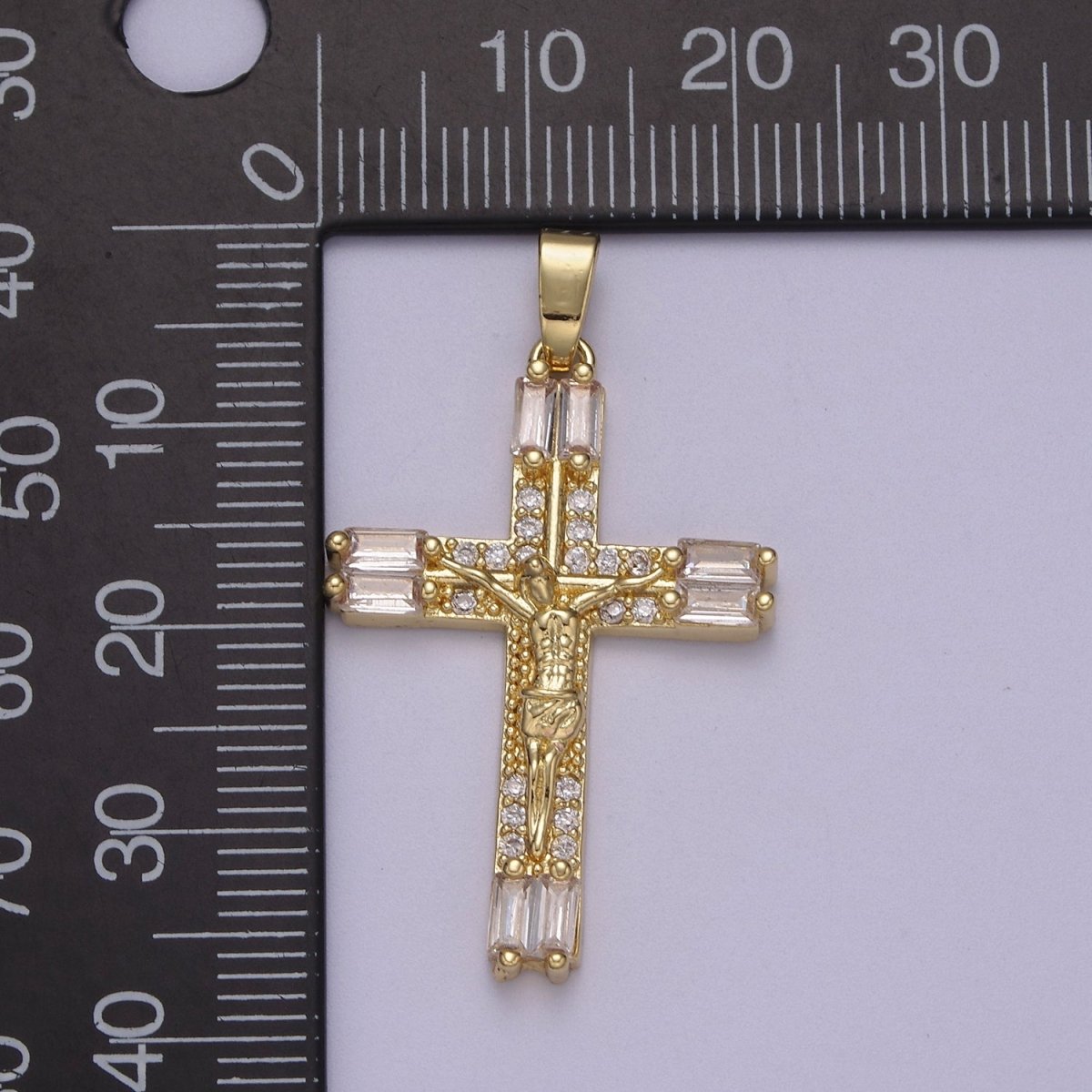 Dainty Baguette Cz Crystal Cross Charm Crucifix Jesus Pendant N-595 - DLUXCA