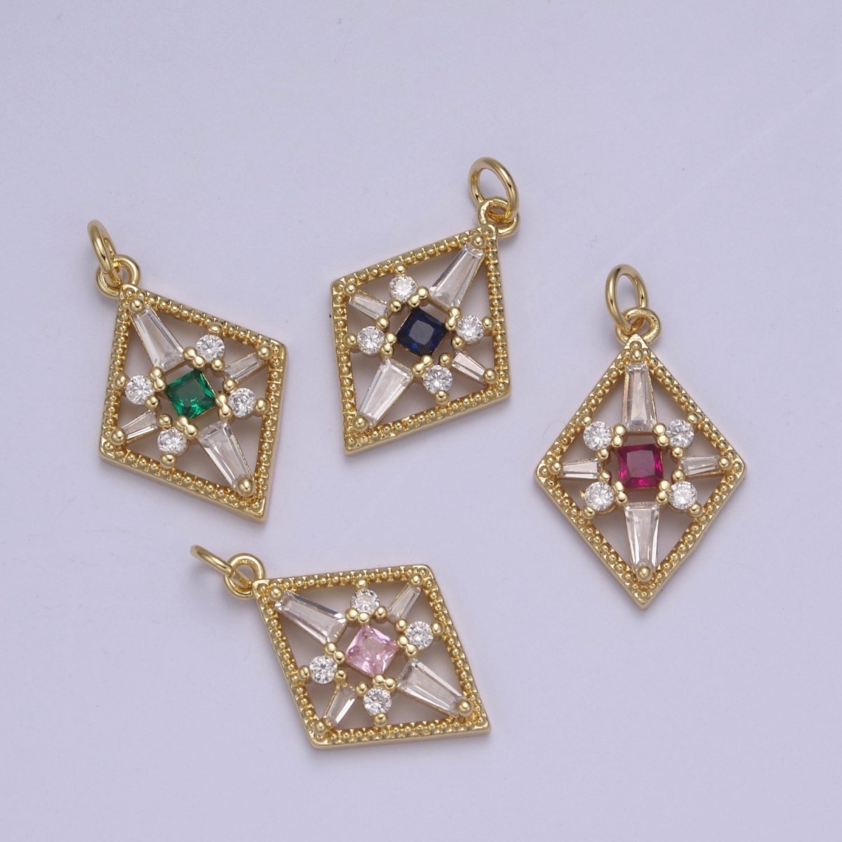 Dainty Baguette Rhombus Geometric Shape CZ Charm, Diamond Shape Gemstone Pendant Charm Wholesale N-840 - N-843 - DLUXCA