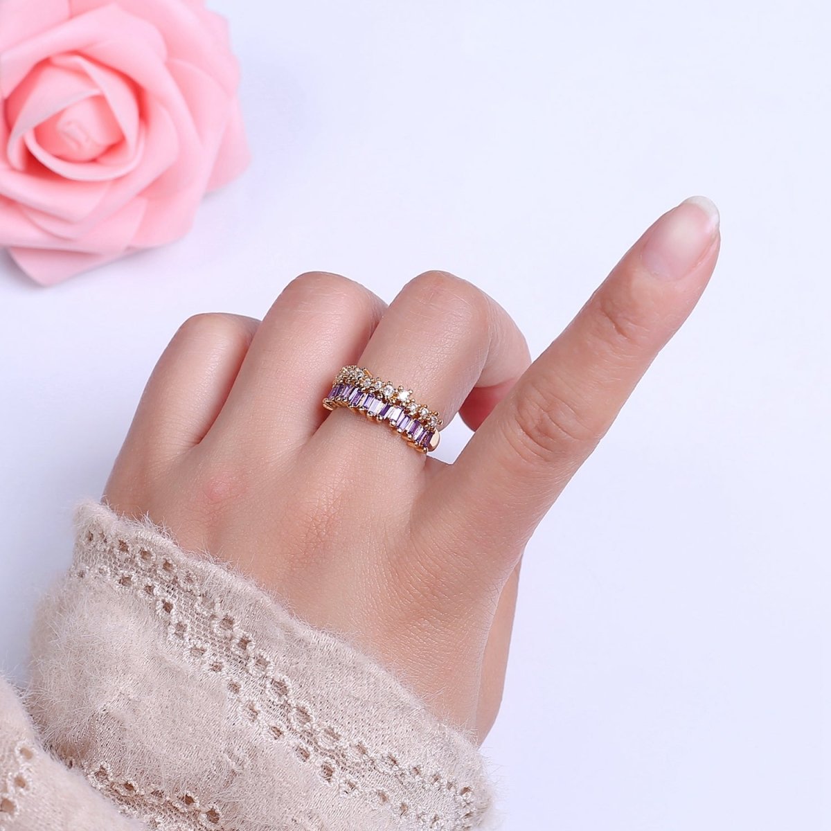 Dainty Baguette ring- Gold Filled CZ Ring Classic clear, Purple, Blue, Green, Pink Cubic Zirconia Adjustable Ring O-2089 ~ O-2094 - DLUXCA