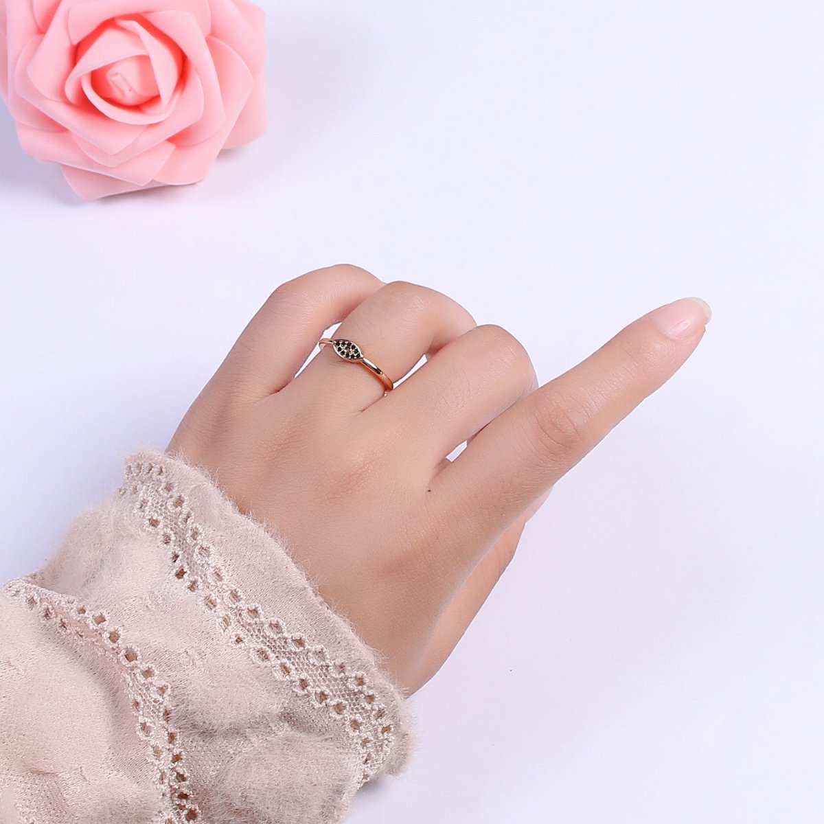 Dainty Black Evil Eye Stacking Ring, Gold Minimalist Ring, Simple Open Ring, Thin Adjustable Ring, Amulet Jewelry Delicate Ring, Gift for her S-249 - DLUXCA