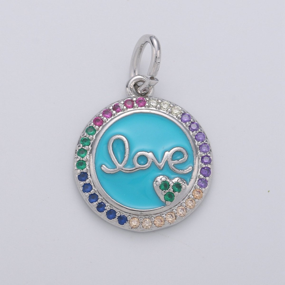 Dainty Blue Love Pendant Enamel Round Disc Charm, Gold Micro Pave Love Charm Jewelry for Necklace Bracelet Earring Component D-180 - DLUXCA