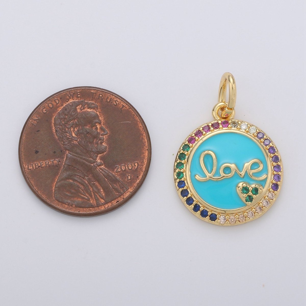 Dainty Blue Love Pendant Enamel Round Disc Charm, Gold Micro Pave Love Charm Jewelry for Necklace Bracelet Earring Component D-180 - DLUXCA