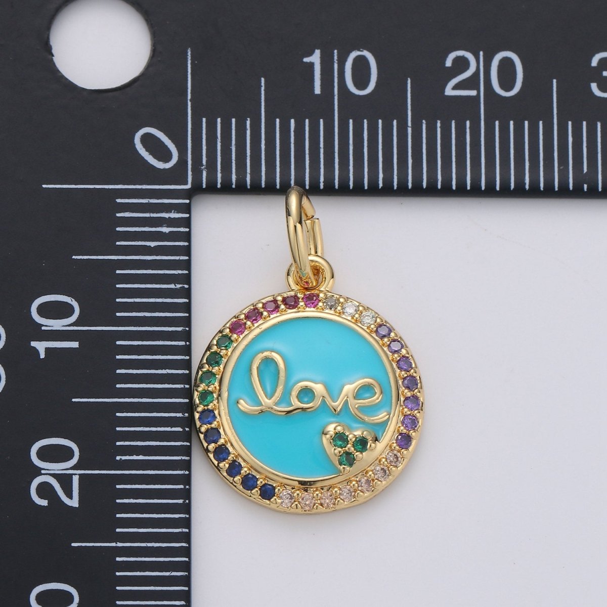 Dainty Blue Love Pendant Enamel Round Disc Charm, Gold Micro Pave Love Charm Jewelry for Necklace Bracelet Earring Component D-180 - DLUXCA