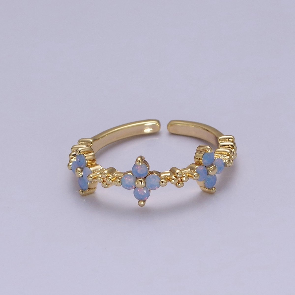 Dainty Blue Opal Flower Ring Open Adjustable Gold Filled Band Ring For Minimalist Jewelry O2079 - DLUXCA