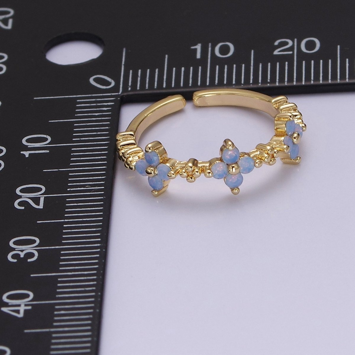 Dainty Blue Opal Flower Ring Open Adjustable Gold Filled Band Ring For Minimalist Jewelry O2079 - DLUXCA