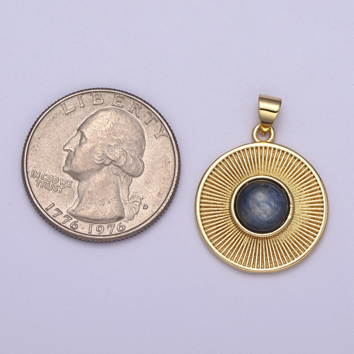 Dainty Blue Tiger Eye Stone Beads Round Coin Sunburst Geometric Pendant Charm H-209 - DLUXCA