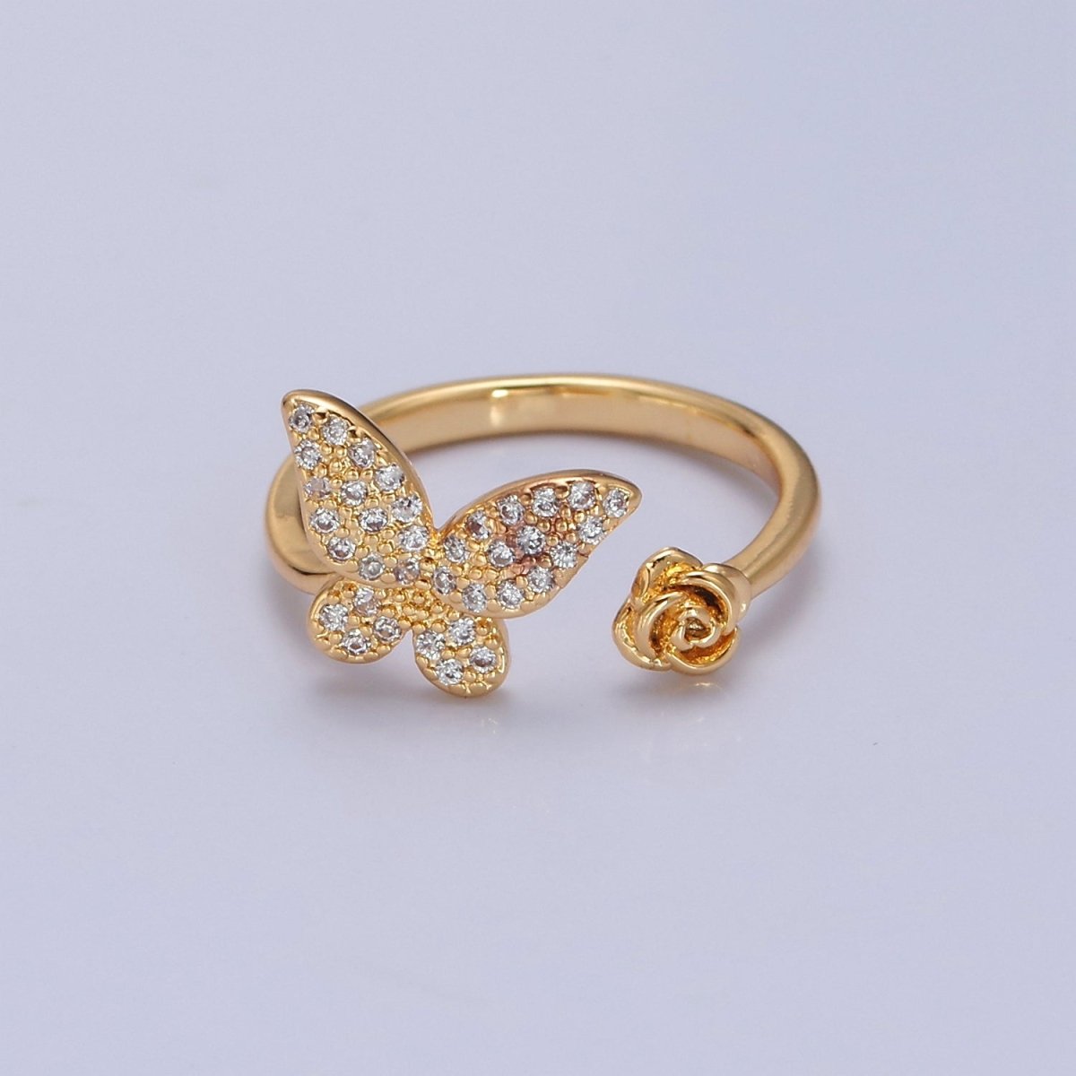 Dainty Butterfly Ring, Adjustable Gold Ring, Micro Pave CZ Mariposa Ring, Animal Lover Ring for Minimalist jewelry Everyday Wear O-2143 - DLUXCA