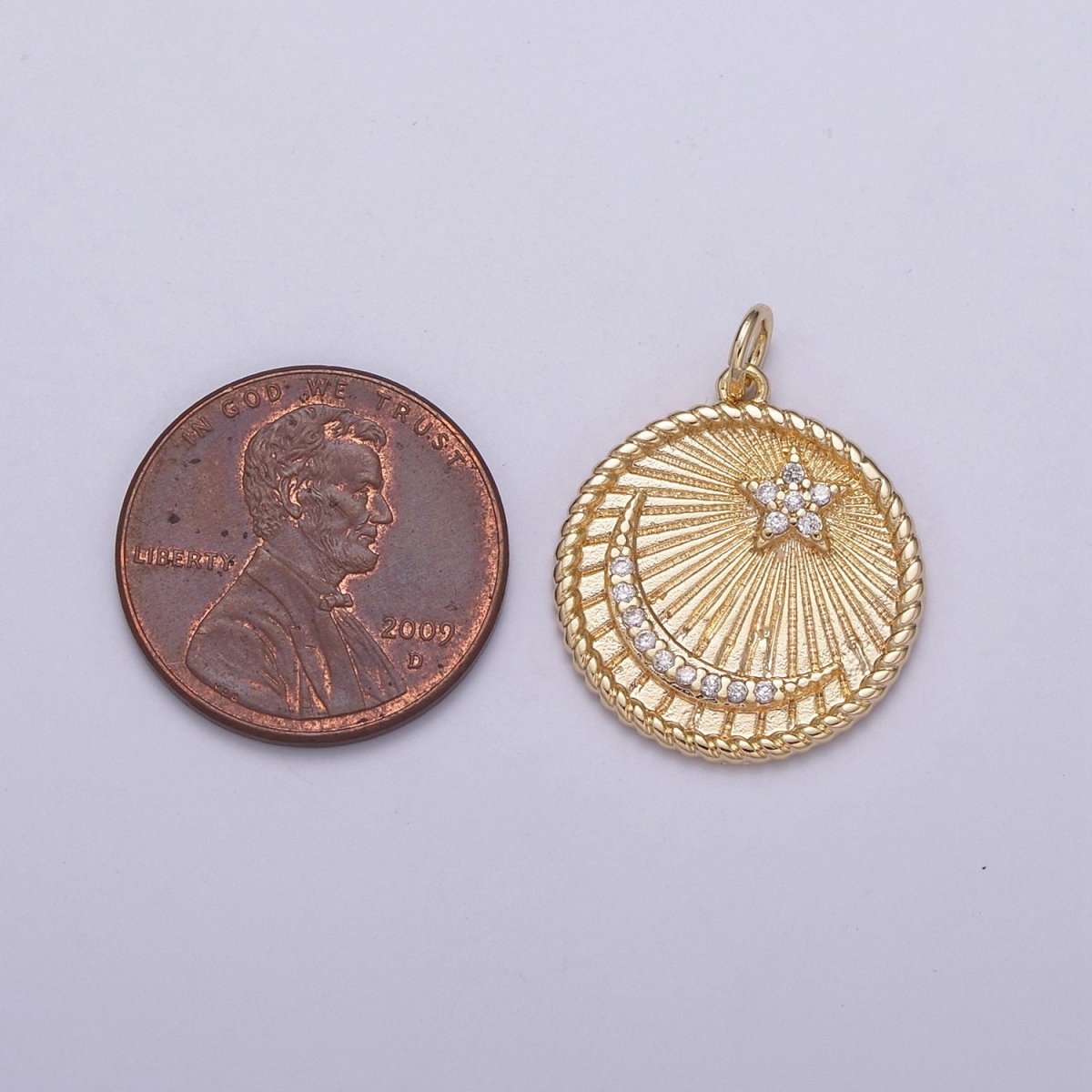 Dainty Celestial Coin Medallion Crescent Moon Star Charm Decorative Edge 18k Gold Filled Minimalist Jewelry N-187 - DLUXCA