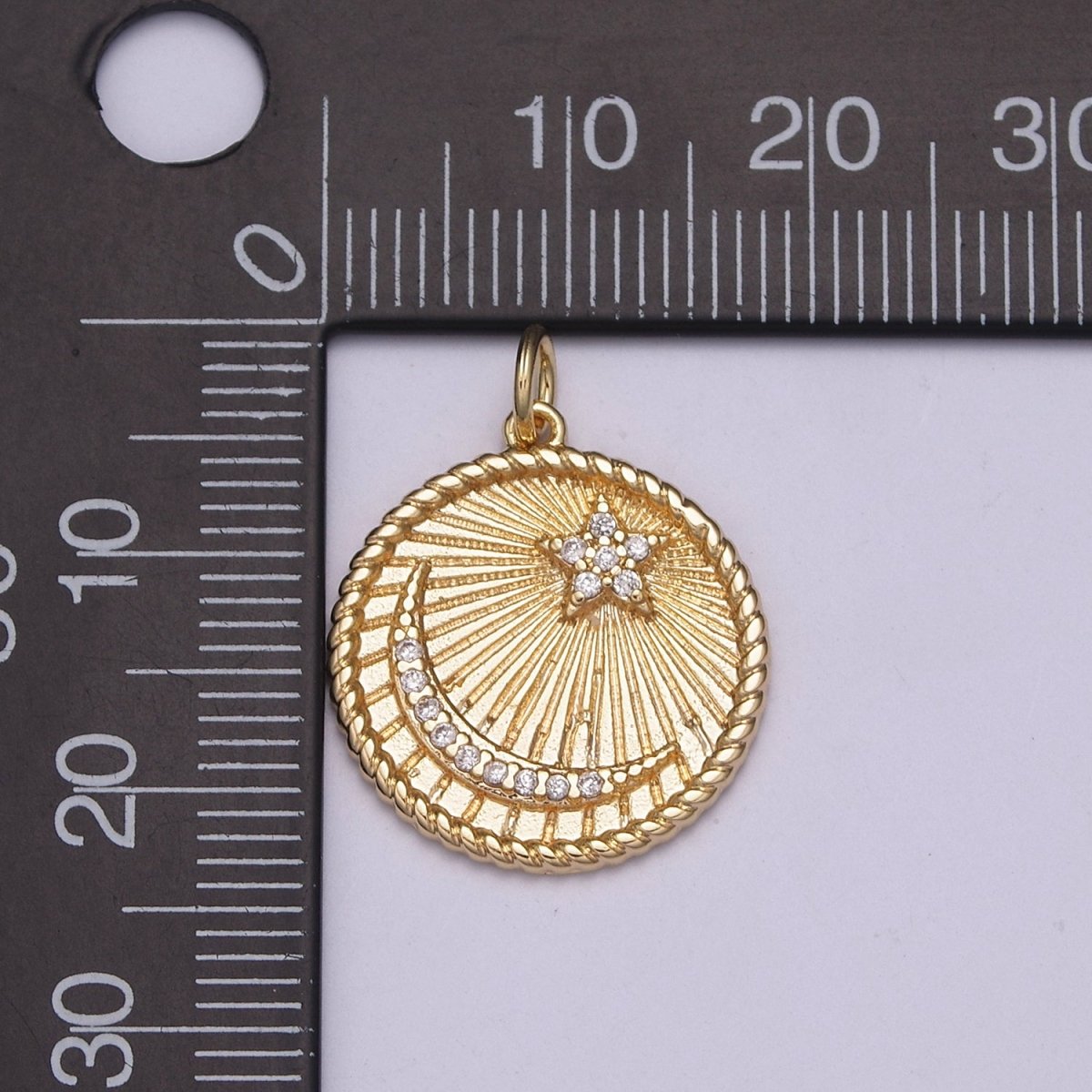Dainty Celestial Coin Medallion Crescent Moon Star Charm Decorative Edge 18k Gold Filled Minimalist Jewelry N-187 - DLUXCA