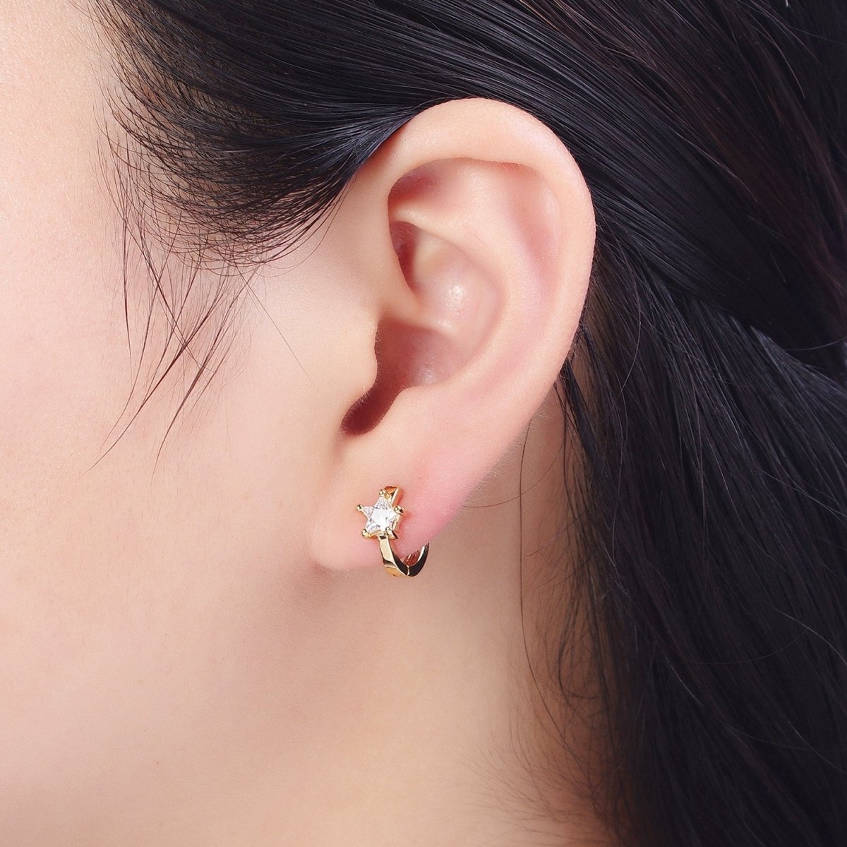 Dainty Celestial Star Cubic Zirconia Gold 12mm Huggie Hoop Earrings Q-161 - DLUXCA