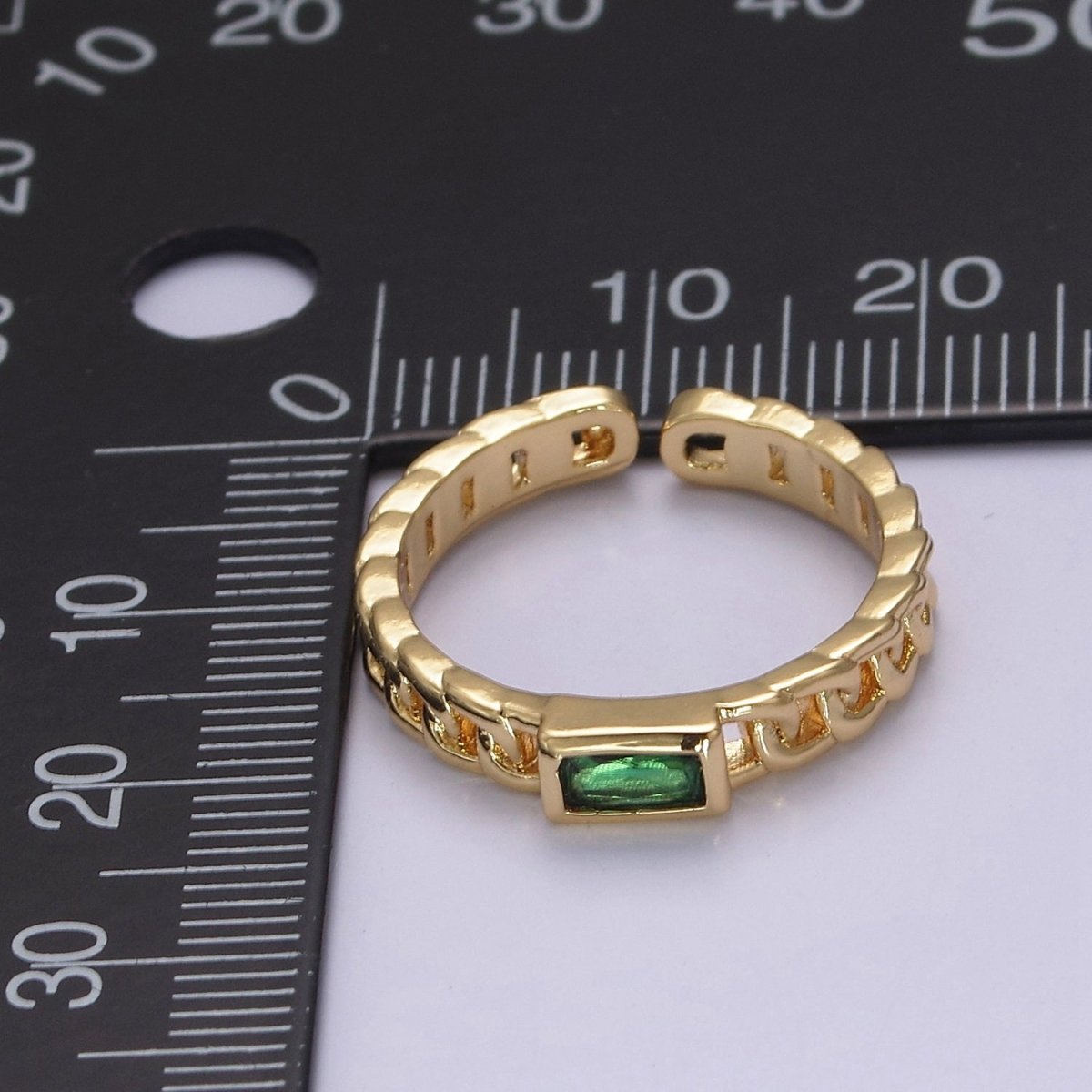 Dainty Chain Link Gold Band Emerald CZ Ring Cubic Zirconia Minimalist Ring Dainty Green CZ Adjustable Ring S-505 - DLUXCA