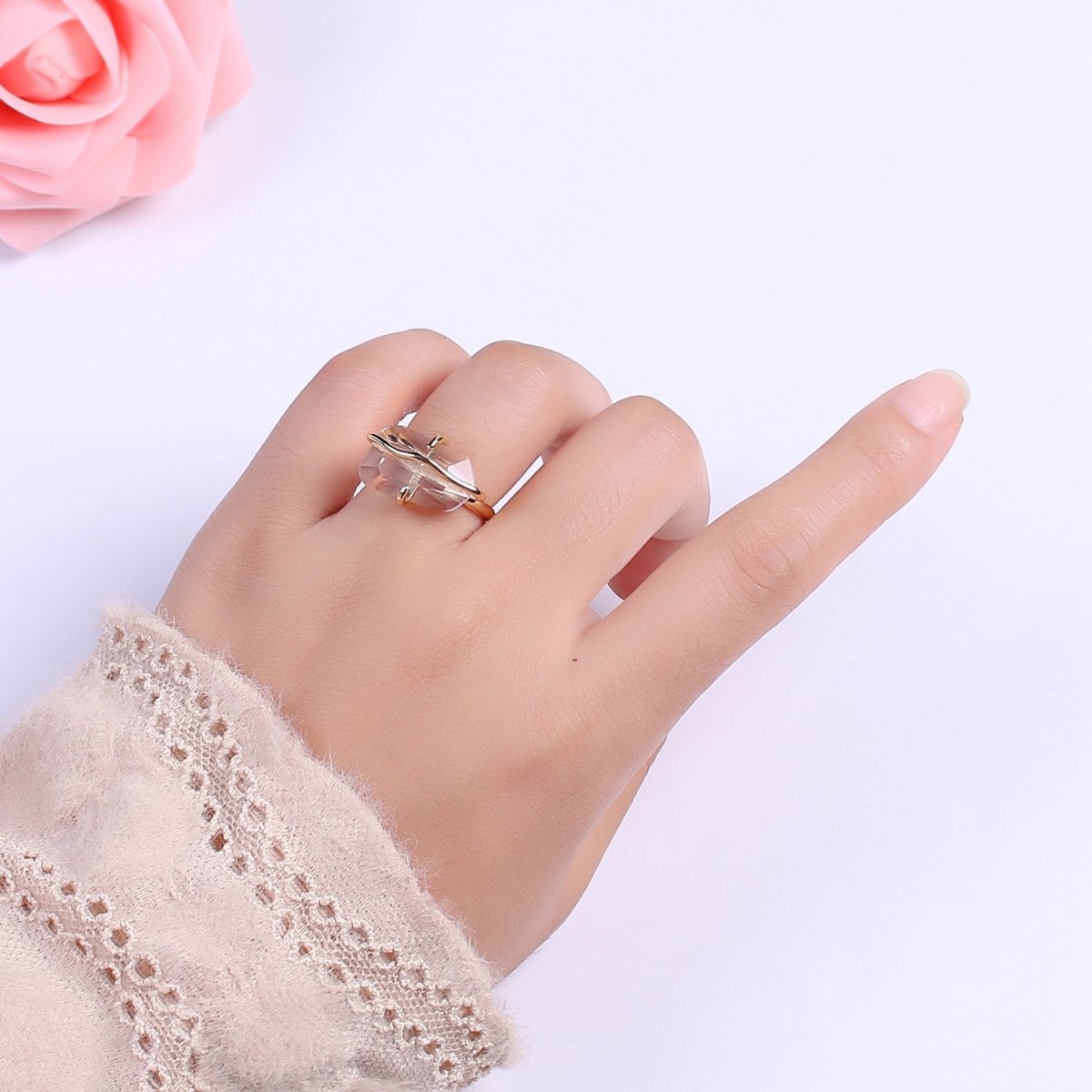 Dainty Clear Crystal Gold Ring Open Adjustable Wrapped Wire Design Ring U-016 - DLUXCA