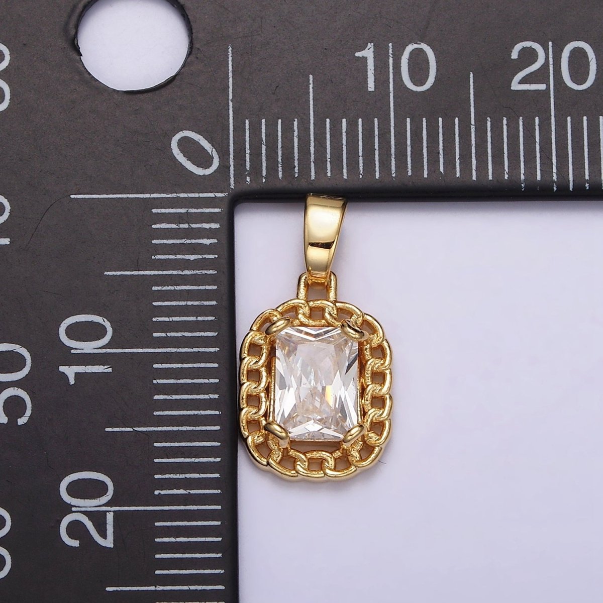 Dainty Clear Cubic Zirconia Emerald Cut Stone Pendant Tag Charm with Curb Link Frame J-611 - DLUXCA