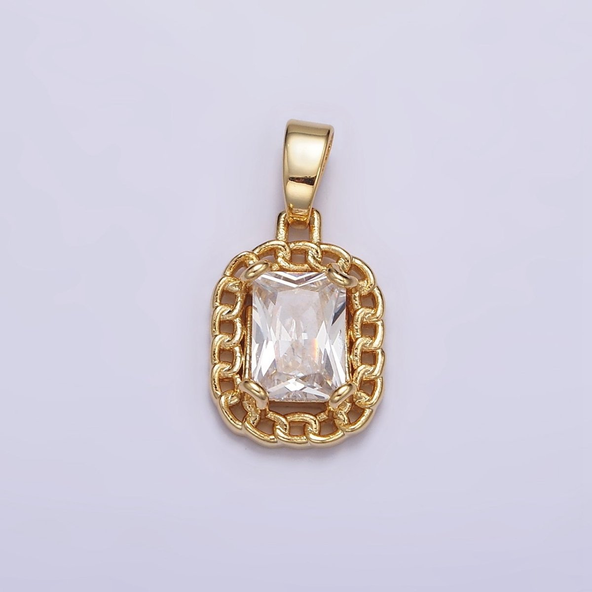 Dainty Clear Cubic Zirconia Emerald Cut Stone Pendant Tag Charm with Curb Link Frame J-611 - DLUXCA